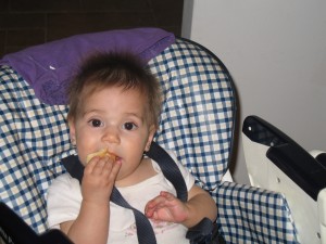 Keren eating her first pretzel